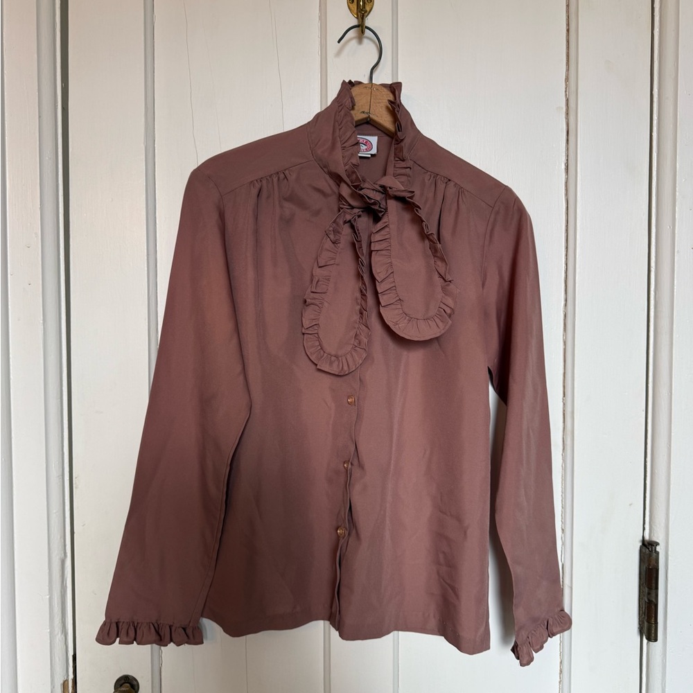 Vintage Ruffled Tie-Neck Blouse — Dusty Rose